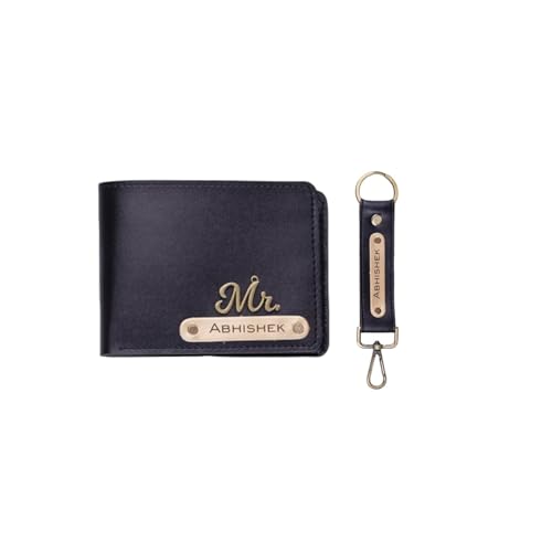 Image of Mens Leather Wallet and Keychain Combo Name Leather Wallet Keychain for Mens Personalized Wallet Keychain Set with Wallets Keychains for Men | Customised Gift Set for Men with Name & Charm, Black