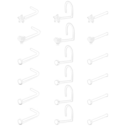 FECTAS 18G Clear Nose Studs for Work Bioflex Plastic Nose Rings for surgery Nostril Piercing Retainers Star Heart Flat Top