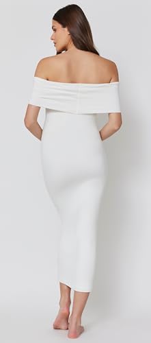 BUMPSUIT Off The Shoulder Maternity Dress for Pregnancy, Stretchy Fabric Foldover Neckline Ladies Long Maternity Maxi Dress Ivory - Thumbnail 4