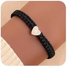 Trendy Silver Heart Initial Black Strand Stack Bracelet for Women, Simple Stackable Letter Bracelets Accessories Prom Fashion Jewelry Gift