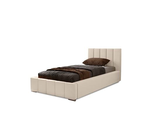 MARPUR Polsterbett Nero 100x200 cm, Bett mit Kopfteil, Doppelbett mit Bettkasten und Lattenrost aus Holz, Velourstoff: Beige
