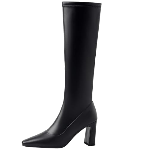 CHICMARK Botas altas de piel de vaca para mujer Confort Botas altas hasta la rodilla/Tacón grueso Botas de caballero con punta cuadrada y cremallera para invierno, Negro , 37 EU