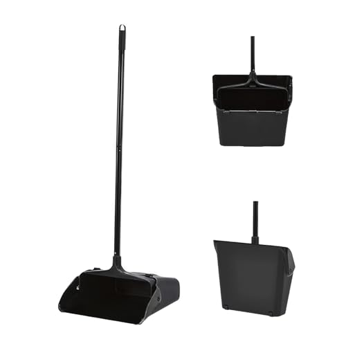 Primero Basics Pivoting Upright Dust Pan with Long Handle and Wheels Large Capacity Heavy Duty Commercial Dustpan for Indoor Outdoor Standing Dust Pan for Home and Restaurant Cleaning Black