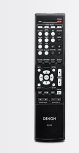 Denon remote control unit with various buttons for power, input selection, volume, and sound modes