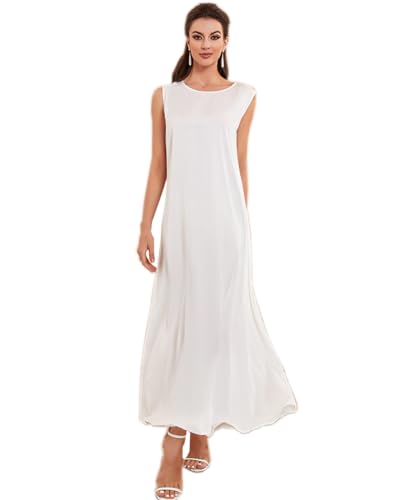 MedeShe Women's Islamic Abaya Muslim Basic Inner Dress Robe Sleeveless Tank Long Dress (US, Alpha, Medium, Regular, Regular, White)
