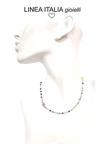 Collar de Plata 925 Rosa con Cruz y Piedras Multicolores