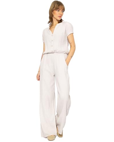 SASSYCLASSY Damen Musselin Jumpsuit Sommer - Overall Damen Sommer lang Hellbeige - Jumpsuit aus Baumwolle mit V-Ausschni...