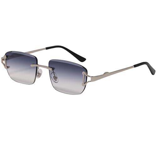 Retro Rimless Sunglasses for Men and Women – Tinted Rectangle Frameless Metal Cut Design – UV400 Protection
