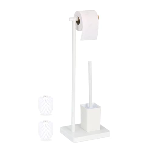Relaxdays Serviteur WC, HxLxP : 66,5x23x18 cm, Support Papier Toilettes, Brosse et Porte-Brosse, Acier Inoxydable, Blanc