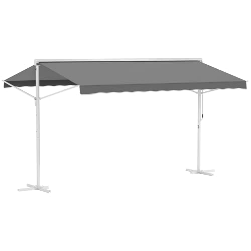 Outsunny Store Double Pente Manuel rétractable Inclinaison réglable Acier époxy Blanc Polyester imperméabilisé Anti-UV Gris dim. 4,50L x 3,40l x 2,55H m
