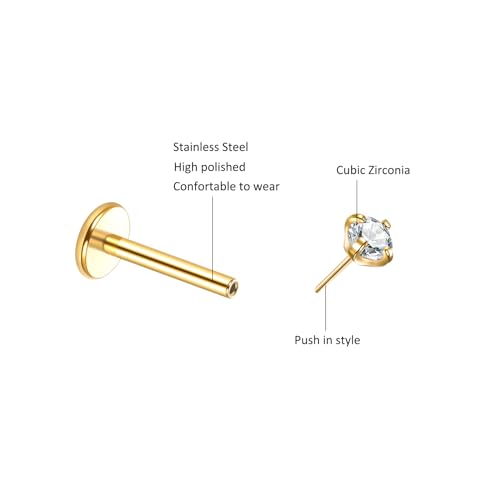 Image of Oveta Threadless Nose Stud Stainless Steel 20G 18G 16G Threadless Flat Back Tragus Earrings Labret Medusa Monroe Ashely Lip Piercing Jewerly Gold
