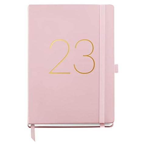 Miquelrius - Annual Diary 2023 - Week to View - Plus Size 155 x 213 mm (approx. A5) - Stitched Faux Leather Hard Cover - Elastic Rubber - Spanish, English and Portuguese - Pink, MR22583 Cover