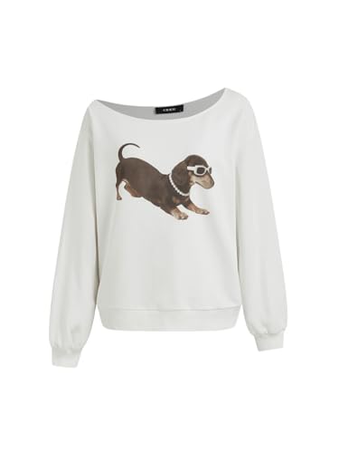 CIDER Sweatshirt for Women Dachshund Graphic Asymmetrical Neck Long Sleeve Terry Pullover Dog Top White