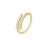crayfomo Anillo abierto ajustable de tono dorado con perla sintética y circón, anillo apilable minimalista para mujeres