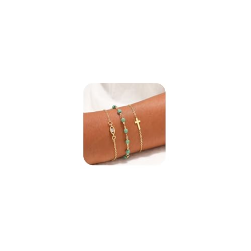 Image of VIROMY Gold Bracelets for Women Delicate Turquoise Chain 14K Gold Plated Cross Zircon Bracelets Charm Evil Eye Link Trendy Minimalist Jewellery for Women