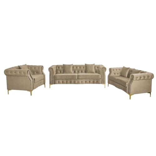 Pemberly Row 3-Pcs Living Room Set Velvet Sofa Set &