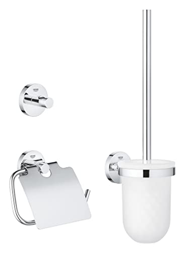 GROHE Start 3in1 Toilettenset Gästebad ohne Bohren (Toilettenbürste mit Halterung Toilettenpapierhalter Handtuchhalter Kleben oder Bohren mit Schrauben & Dübel ohne Kleber) chrom 41204000