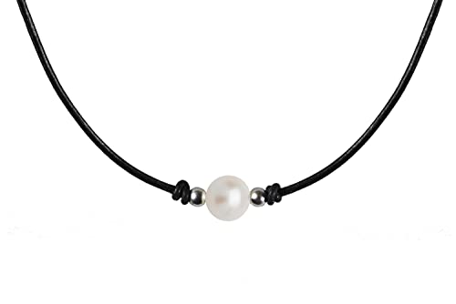 Pearls Ziegenleder Damen-Kette 925 Sterling Silber Hochwertige Süßwasser-Zuchtperlen in ca. 9 mm Rund weiß Lederkette mit echten Perle weiss (45 cm) Cover