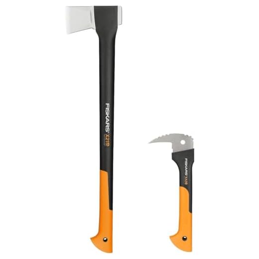 Fiskars Axt-Set, Spaltaxt mit Klingen- und Transportschutz, Länge: 60 cm, Antihaftbeschichtet, X17-M, 1,53 kg,; Hand-Sappie, Länge: 34 cm, Inklusive Schutzhülle, WoodXpert, XA2, 1025438