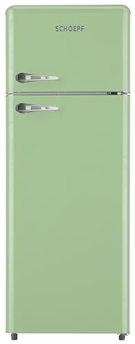 SCHOEPF – RKG218DSG Kühl-Gefrierkombination – 211 L – Retro Design – LED-Beleuchtung – 40 dB – Grün/Mint – Höhenverstellbare Füße – Freistehend – Vintage Look SCHOEPF – RKG218DSG Kühl-Gefrierkombination – 211 L – Retro Design – LED-Beleuchtung – 40 dB – Grün/Mint – Höhenverstellbare Füße – Freistehend – Vintage Look