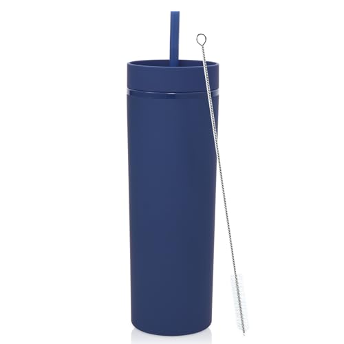 Volhoply 20oz Plastic Skinny Tumbler,Double Wall Tumblers with Lid and Straw,Reusable Travel Iced Coffee Mug,BPA Free Matte Acrylic Water Cups With Straw for Parties,DIY Gifts(Navy, 1 Set