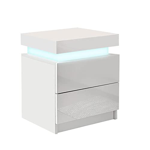 CLIPOP Mesita de Noche de Alto Brillo con 2 cajones con 16 Luces LED RGB, 2 cajones, mesita de Noche para salón, Dormitorio, Muebles (Blanco)