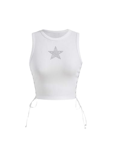 SOLY HUX Women's Tank Tops Y2K Sleeveless Ribbed Star Crop Tank Top Summer Going Out Tops White Star Medium