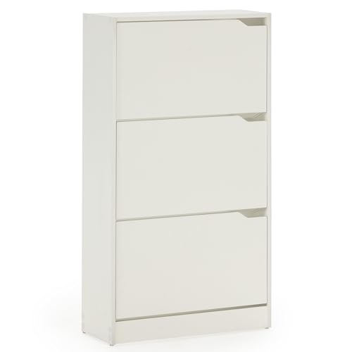 HOMN LIVING Meuble à Chaussures Angel avec 3 Portes, Blanc, Meuble d'appoint, 63 cm (Largeur) 24 cm (Profondeur) 115 cm (Hauteur)