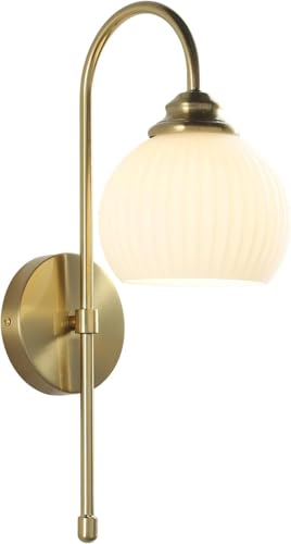 Image of KCO Lighting 1-Lighting Milk Ribbed Glass Wall Sconce Indoor Gold and White Wall Sconce Minimalist Slim Long Sconces Brass Hallway Wall Light Fixtures Globe Vanity Lights for Bathroom Bedroom