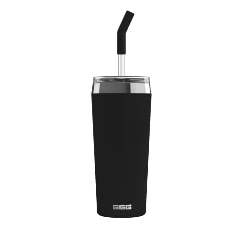 SIGG - Gobelet isotherme - Tasse de voyage Helia Peaceful Black - Avec paille en verre réutilisable et brosse de nettoyage - Anti-fuite - Sans BPA - Acier inoxydable 18/8 - Noir - 0,6 l