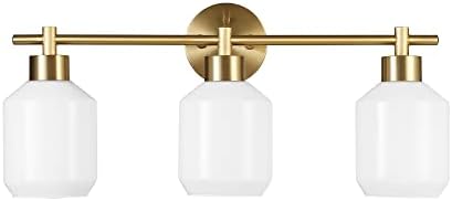 Globe Electrical 52055 Cannes 3-Gentle, Gold Rest room Vainness Gentle Fixtures, Fashionable Wall Lighting with Milk Glass Shades, Vainness Lights for Rest room, Brass Rest room Lighting fixtures