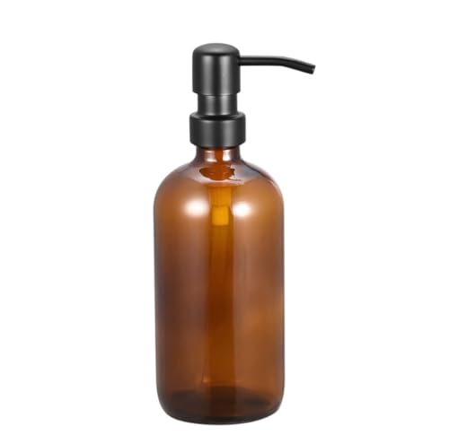 Imagen de Dispensador de jabón de vidrio ámbar de 16 onzas con bomba de acero inoxidable negro