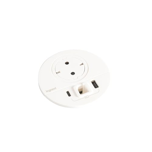 Prise de table Incara Disq 80 Legrand avec chargeur USB A+C et sortie de câble blanc