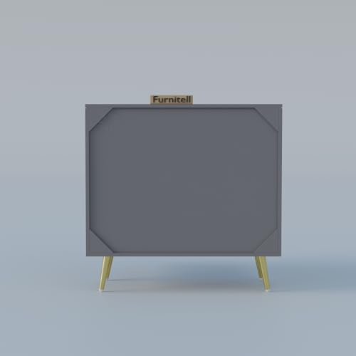 Image of Modern Wooden Storage Cabinet with 2 Doors | Geometric Design Sideboard /Cupboard for Living Room | Multipurpose Organizer for Bedroom & Entryway | HDMR Premium Wood | Gold Metal Legs(Grey)