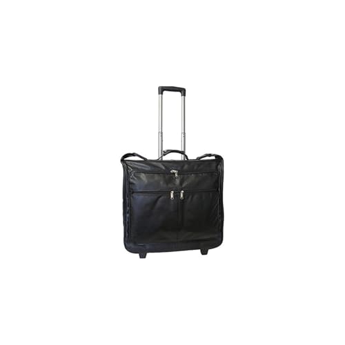 Old World Opulence Leather Garment Bag with Wheels in Black, Featuring Cowhide Leather Construction, Multiple Pockets, and Telescopic Handle