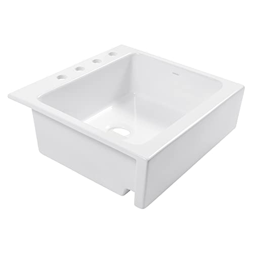 Parker Fireclay Quick-Fit Drop-In Farmhouse Kitchen Sink And Care Kit, 26" Crisp White Single Bowl With 4 Holes #TOP2