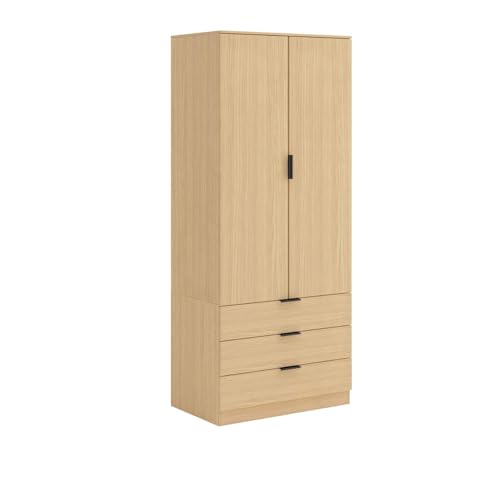 Home Source Phoenix Wardrobe with 2 Doors & 3 Drawers | 181cm Tall Oak Effect| Hanging Rail & Storage Shelf | Contemporary Bedroom Furniture | 50D x 75W x 181H cm