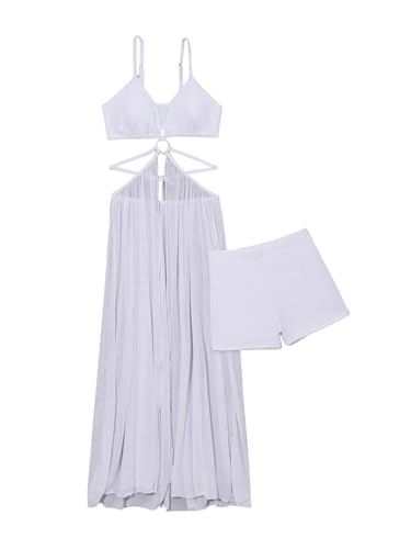 SweatyRocks Women's 2 Piece Swimsuit Sheer Mesh Flowy Top and Swim Shorts Tankini Set