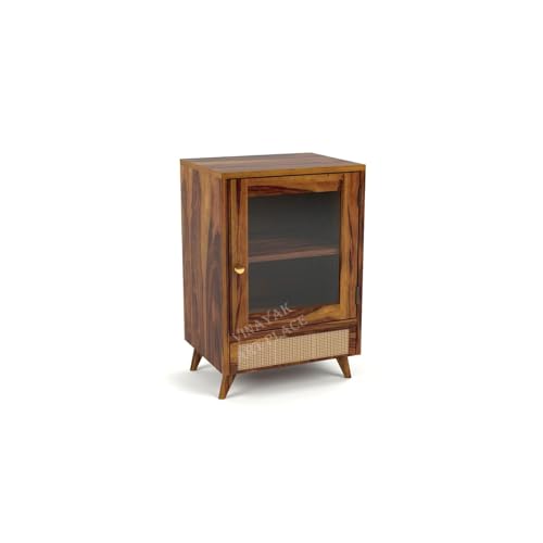 Image of Wooden Small Crockery Cabinet | Sideboard Display Cabinet with Glass Door & Drawer for Living Room | Bookshelf for Home & Office | Material: Sheesham Wood, Natural | Design: Cane