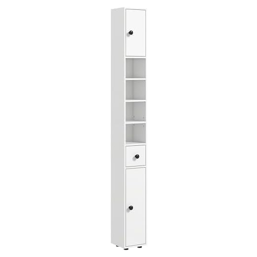 kleankin Mueble Auxiliar Baño Moderno Armario Alto de Baño con 1 Cajón 5 Estantes Ajustables y 2 Armarios Mueble de Almacenaje para Salón Dormitorio Carga 30 kg 20x20x180 cm Blanco