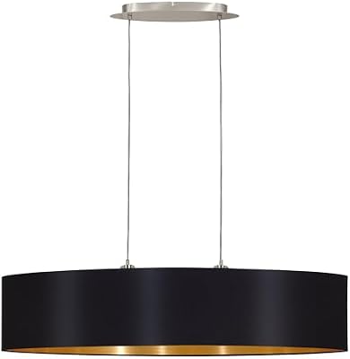 Eglo Lámpara de suspensión MASERLO, lámpara colgante textil con 2 bombillas, lámpara colgante ovalada de acero y tela, color níquel mate, negro, dorado, casquillo E27, L 100 cm