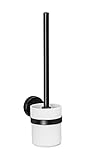 WENKO Static-Loc Plus WC-Garnitur Pavia Schwarz, hygienischer WC-Bürstenhalter, Befestigen ohne bohren, sicherer Halt durch statische Haftung auf glatten, luftundurchlässigen Flächen, Stahl matt
