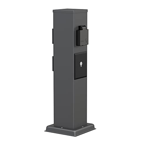 ledscom.de Garten Steckdosensäule Polly für außen, IP44, Smart Home, WLAN, Alexa, 3-Fach, Edelstahl, anthrazit, eckig, 40 cm