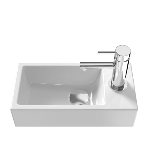 EMKE Hängendes Waschbecken 405 x 205 x 105 mm - Kompaktes und elegantes Waschbecken für kleine Badezimmer und Gäste-WC - Armatur rechts, Wandmontage, Weiß glänzend