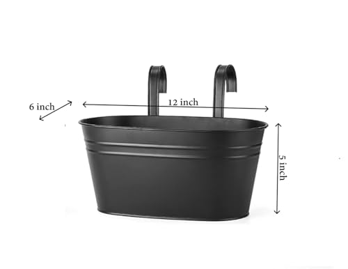 Image of 12 INCH Anti Rust Railing Oval Planter for Balcony & Garden with Detachable Handle | Hanging Flowerpot Holder | Metal Wall Planter for Indoor and Outdoor Decor (Black, 2)