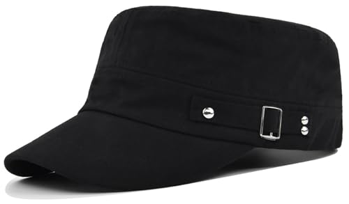 Rumnoke Cadet Army Cap for Women Men Unisex Flat Top Cap Adjustable Military Corps Hat Baseball Cap Black