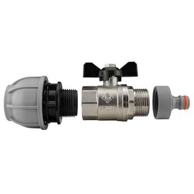 32mm MDPE Water Pipe to Metal Bib Valve Outdoor Tap Kit with Click Lock Garden Hose Connector Compression Fitting for Irrigation Watering Water Tank Outlet Landscaping Hozelock Gardena Compatible