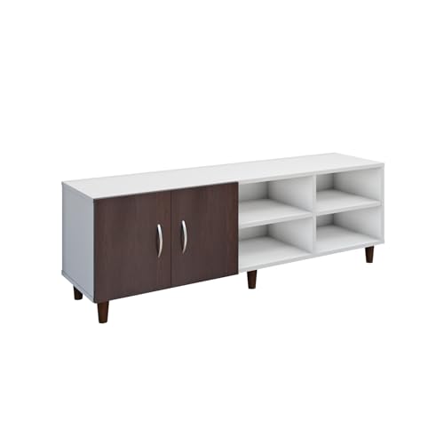 Image of VIKI Modern TV Unit for Living Room | Engineered Wood TV Cabinet with 2 Door Storage & 2 Open Shelves, Entertainment Unit, 140W x 48H x 40D cm | DIY | 1 Year Warranty (White & Wenge)