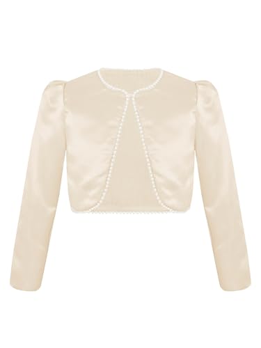 YiZYiF Kids Girls Long Sleeve Pearl Bolero Satin Shrug Jacket Short Cardigan Coat Bridesmaid Flower Dress Cover Up