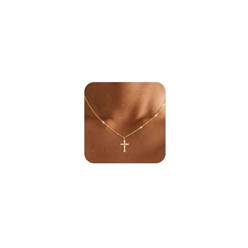 Cross Necklace for Women - Dainty Necklaces Trendy Small 14K Gold Plated Hypoallergenic Infinity Crown Cross Cubic Zirconia Pendant Box Rope Chain Necklace for Women Non Tarnish Jewelry Gift